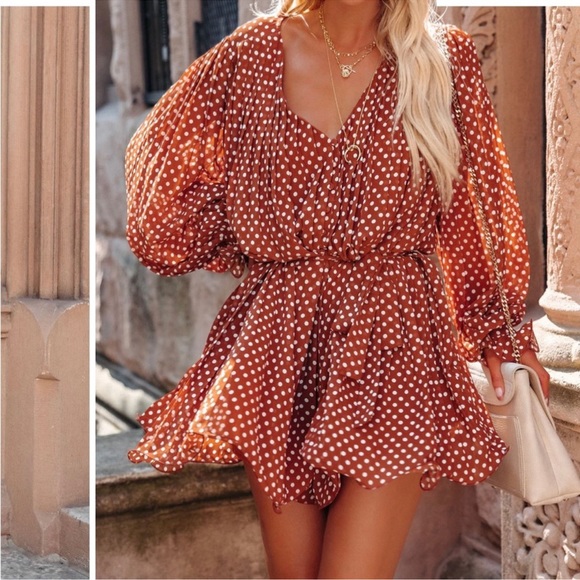 Endless Ross Polka Dot pleated Romper- Brown - Picture 2 of 9